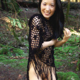 Asian cutie Almond in black shaw in the woods