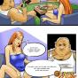 Enticing comics honey giving blowjob to a fatty bald dude