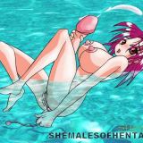 Giant meloned hentai shemale cumming in the pool