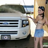 Insidious brunette teen babe Stacey washing a car in her tiny jeans panties