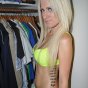 Awesome platinum blonde amateur cutie Shelby stripping green bra and showing her big melons