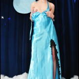 TGirl Delia in blue satin gown and black nylon stockings.