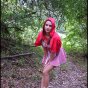 Little red riding hood shows off her tiny titties & white panties in the woods.