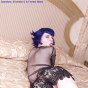 blue haired goth in see through lace dress