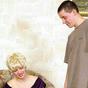 A horny chubby blond in velvet dress is fucked by a young guy